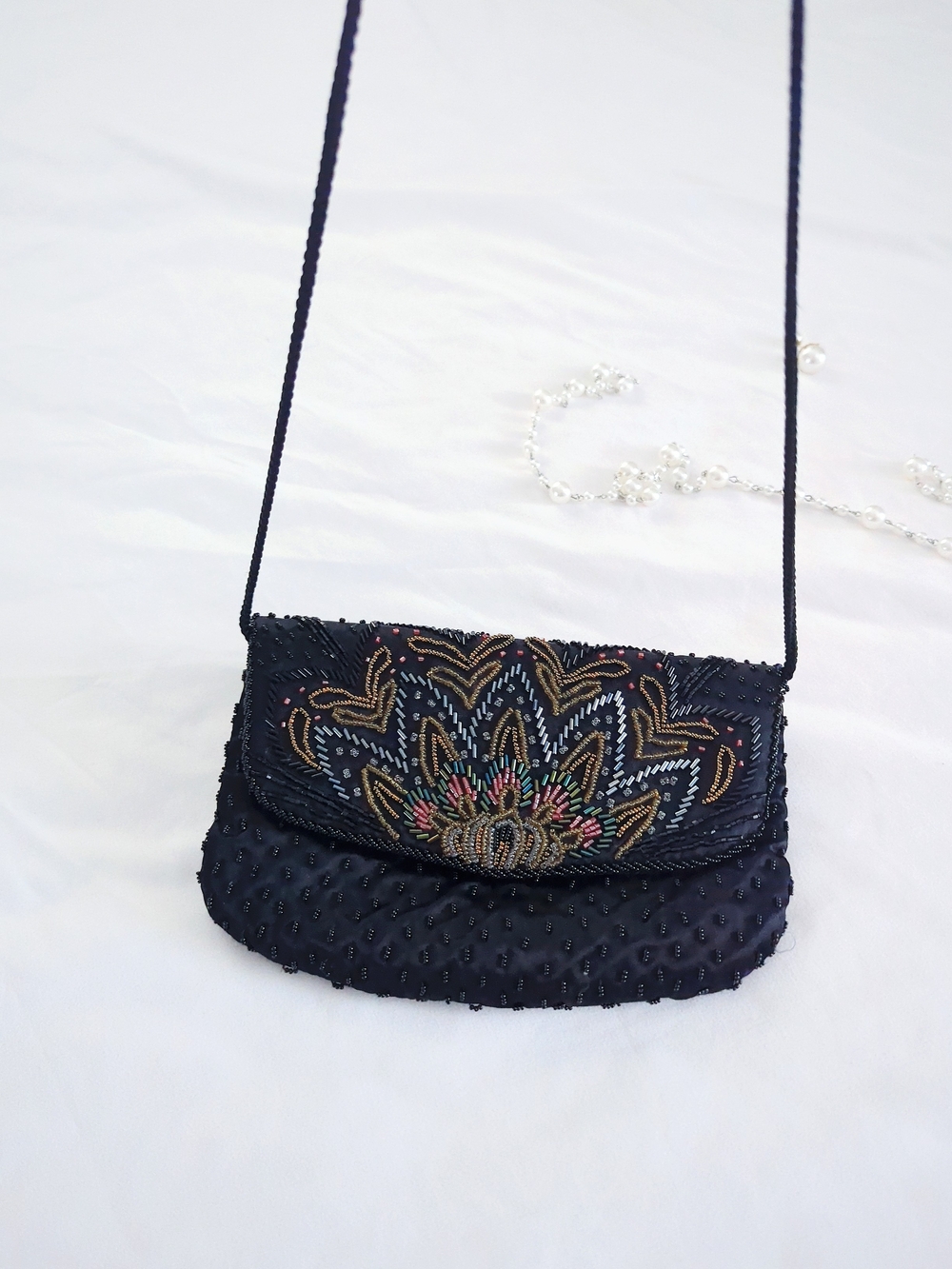 Hand-Beaded Black Evening Crossbody Bag